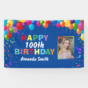 Happy 100th Birthday Colourful Balloons Blue Banner