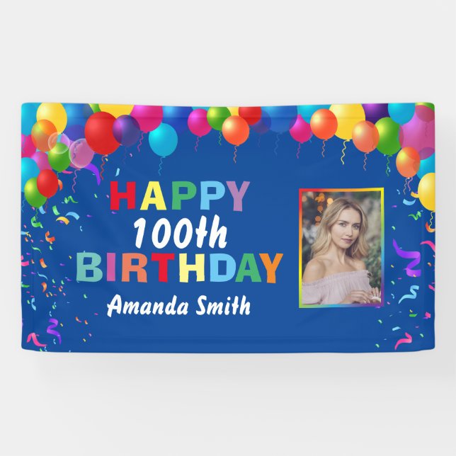 Happy 100th Birthday Colourful Balloons Blue Banner (Horizontal)