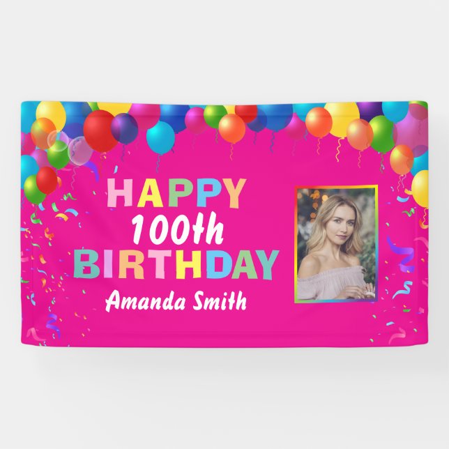 Happy 100th Birthday Colourful Balloons Hot Pink Banner (Horizontal)