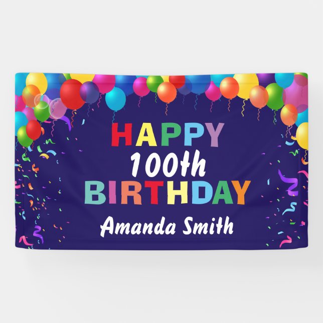 Happy 100th Birthday Colourful Balloons Navy Blue Banner (Horizontal)