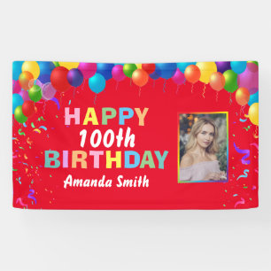 Happy 100th Birthday Colourful Balloons Red Banner