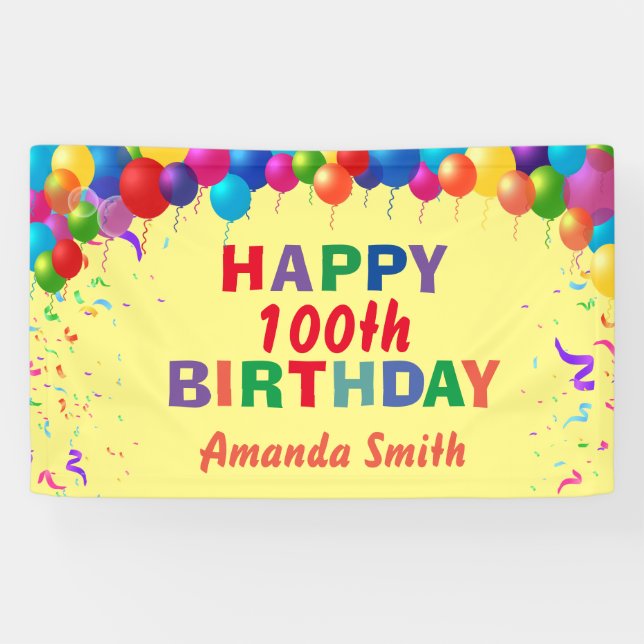 Happy 100th Birthday Colourful Balloons Yellow Banner (Horizontal)
