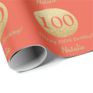 Happy 100th Birthday Coral Orange and Gold Glitter Wrapping Paper