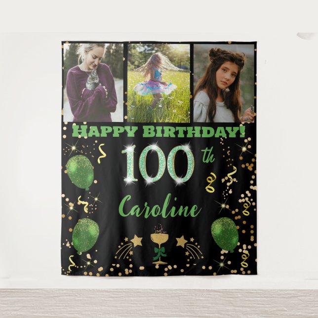 Happy 100th Birthday Green Glitter & 3 photos Tapestry (Front)