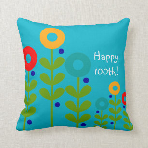 Happy 100th Birthday Pillow Floral Blue