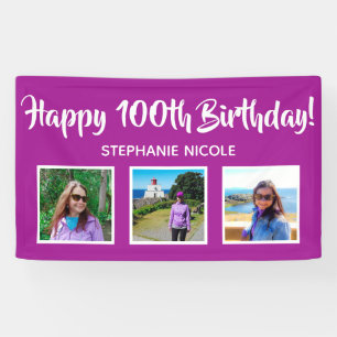 Happy 100th Birthday Pink Personalised 3 Photos Banner