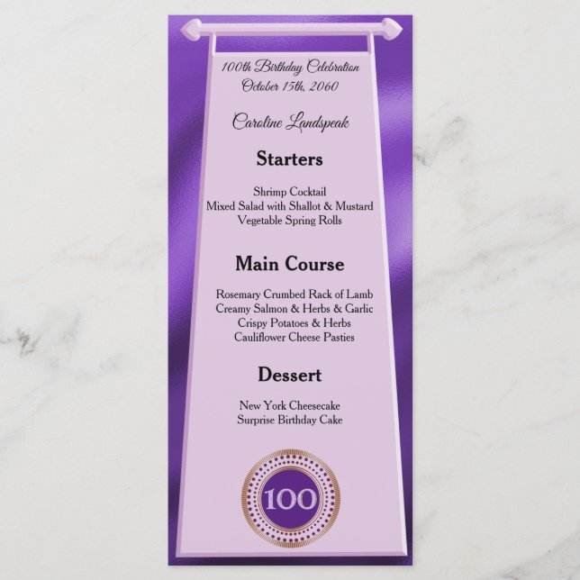 Happy 100th Birthday Purple Glitter Foil Menu (Front)