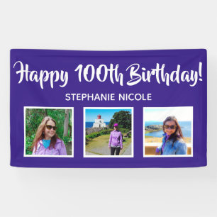 Happy 100th Birthday Purple Personalised 3 Photos Banner
