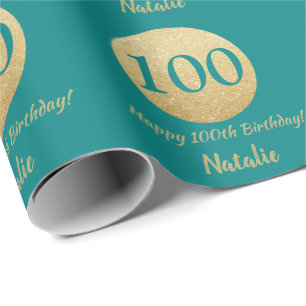 Happy 100th Birthday Teal and Gold Glitter Wrapping Paper