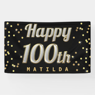 Happy 100th Bling Typography Gold Confetti Black Banner