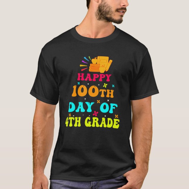 Happy 100th Day of 4th Grade Teacher Student Retro T-Shirt (Front)
