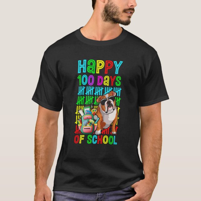Happy 100th Day Of School Boys English Bulldog Dog T-Shirt (Front)