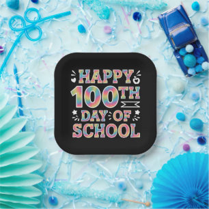 Happy 100th Day Of School Tie Dye Rainbow 100 Days Paper Plate