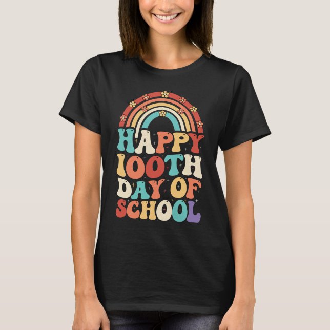 Happy 100th Days Of School Groovy Retro Rainbow T-Shirt (Front)