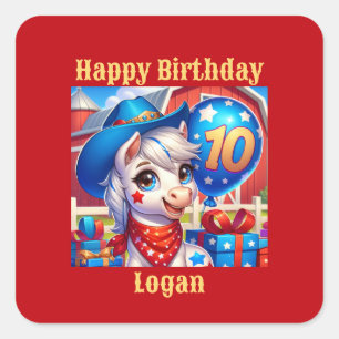 Happy 10-Year-Old Cowboy Pony Square Sticker