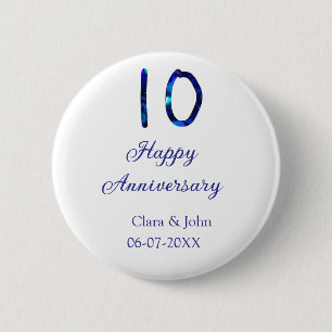 Happy 10th anniversary blue glitter add name date 6 cm round badge