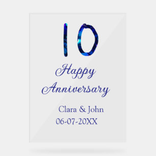 Happy 10th anniversary blue glitter add name date  acrylic sign