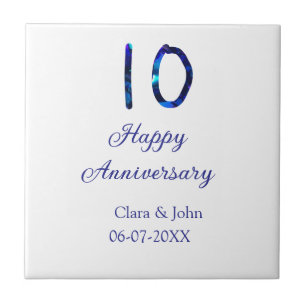 Happy 10th anniversary blue glitter add name date ceramic tile