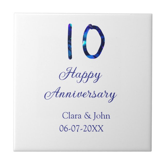 Happy 10th anniversary blue glitter add name date  ceramic tile (Front)
