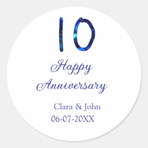 Happy 10th anniversary blue glitter add name date classic round sticker