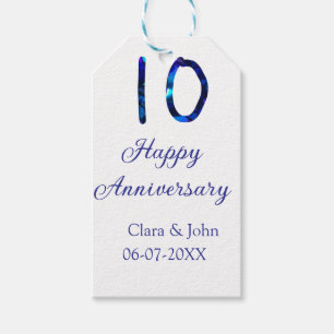 Happy 10th anniversary blue glitter add name date  gift tags