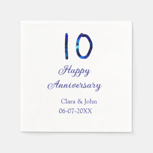 Happy 10th anniversary blue glitter add name date napkin