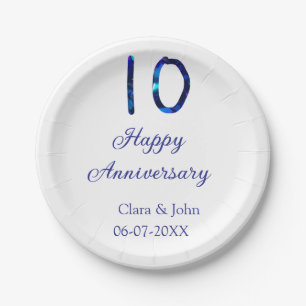 Happy 10th anniversary blue glitter add name date paper plate