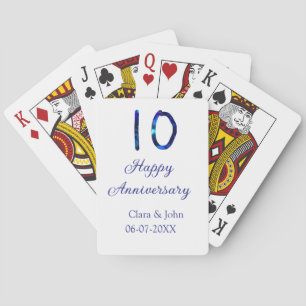 Happy 10th anniversary blue glitter add name date playing cards