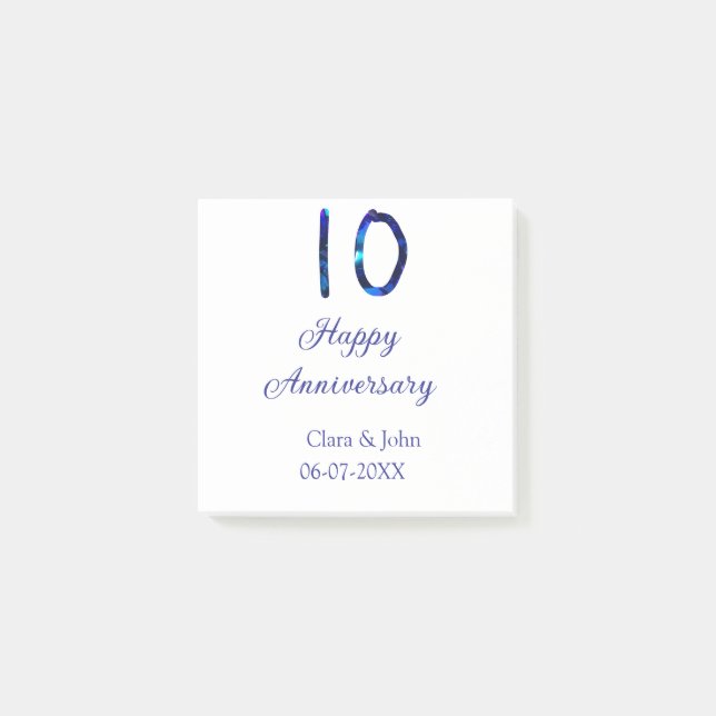 Happy 10th anniversary blue glitter add name date  post-it notes (Front)