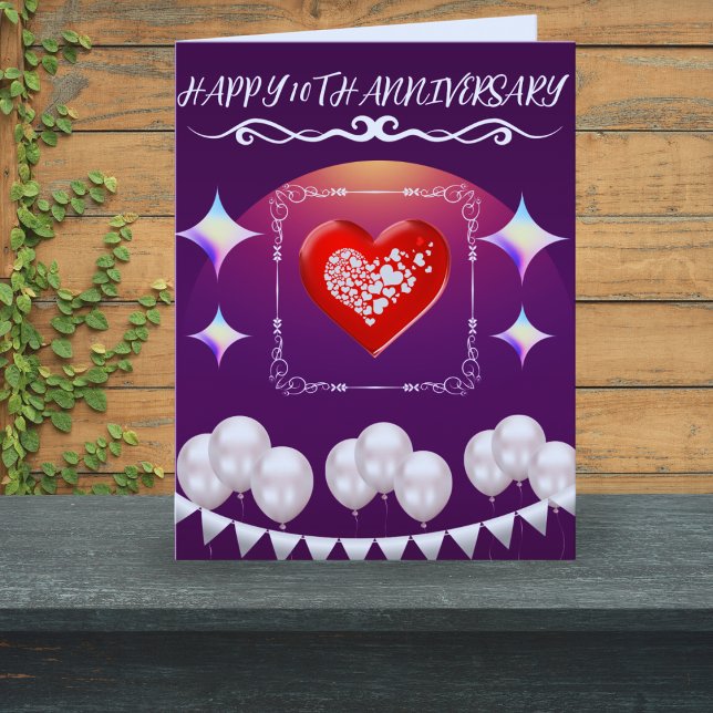Happy 10th Anniversary Elegant Boho Balloon Blue  Card (Creator Uploaded)