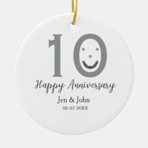 Happy 10th anniversary name date grey bold emoji ceramic ornament