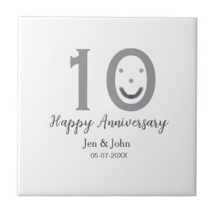 Happy 10th anniversary name date grey bold emoji ceramic tile