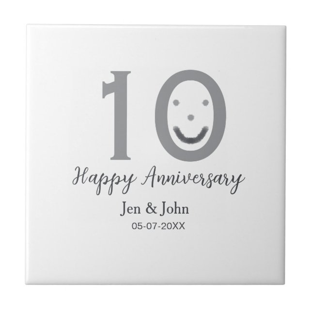 Happy 10th anniversary name date grey bold emoji ceramic tile (Front)