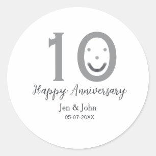 Happy 10th anniversary name date grey bold emoji classic round sticker