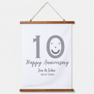 Happy 10th anniversary name date grey bold emoji hanging tapestry