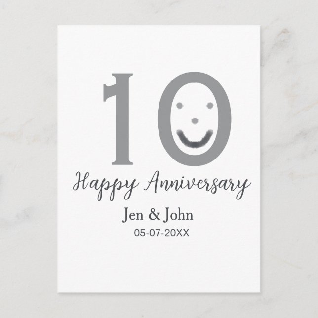 Happy 10th anniversary name date grey bold emoji postcard (Front)