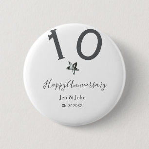 Happy 10th anniversary name date grey metal star b 6 cm round badge