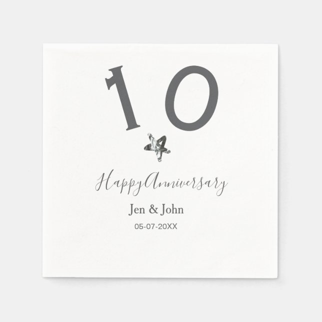 Happy 10th anniversary name date grey metal star b napkin (Front)