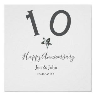 Happy 10th anniversary name date grey metal star b poster