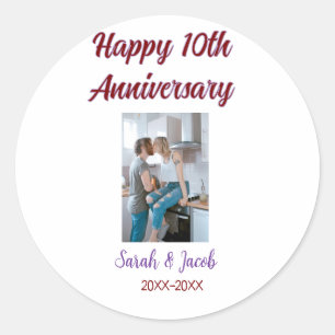 Happy 10th anniversary photo wedding couple name d classic round sticker