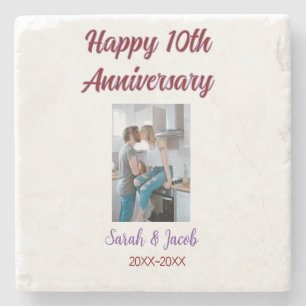 Happy 10th anniversary photo wedding couple name d stone coaster