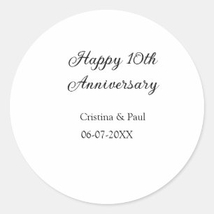 Happy 10th anniversary simple minimal wedding name classic round sticker