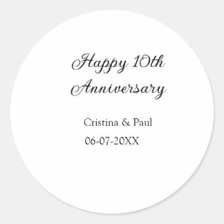 Happy 10th anniversary simple minimal wedding name classic round sticker