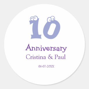 Happy 10th anniversary simple minimal wedding name classic round sticker