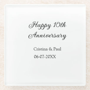 Happy 10th anniversary simple minimal wedding name glass coaster