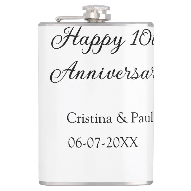 Happy 10th anniversary simple minimal wedding name hip flask (Front)