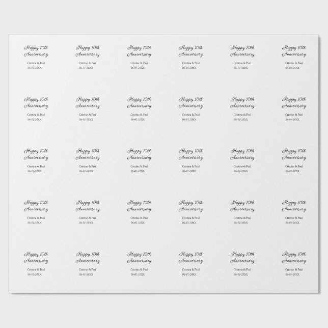 Happy 10th anniversary simple minimal wedding name wrapping paper (Flat)