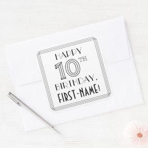 HAPPY 10TH BIRTHDAY, Art Deco Style, Custom Name Square Sticker