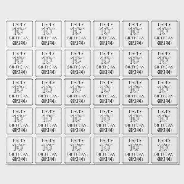 HAPPY 10TH BIRTHDAY; Art Deco Style; Custom Name Wrapping Paper (Seam)