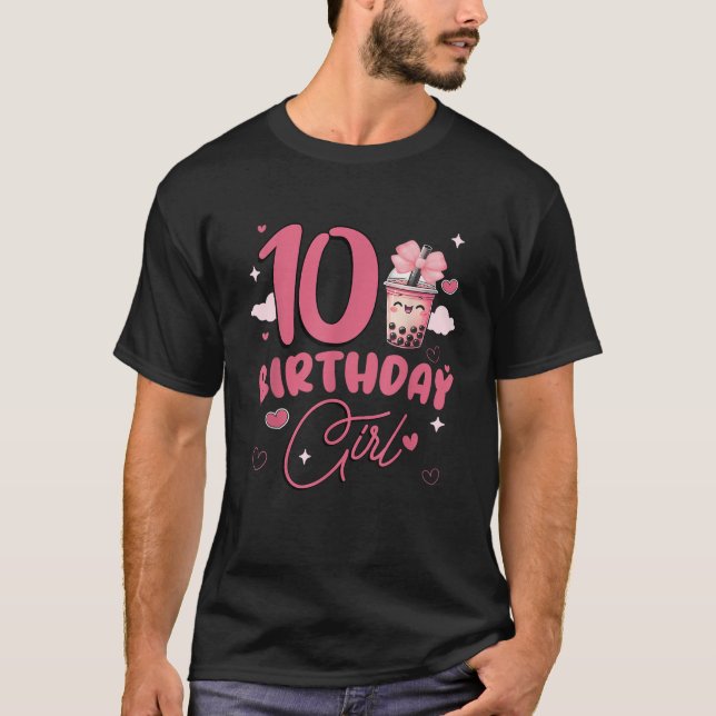 Happy 10th Birthday Girl Cute Pink Bow Bubble Boba T-Shirt (Front)